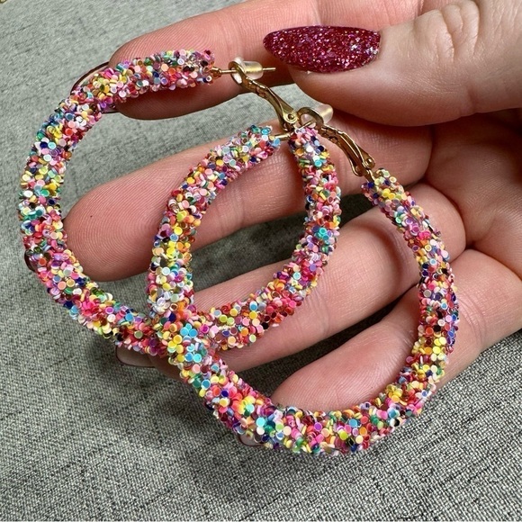 Confetti Glitter Gold Hoop Earrings Multi Color Nwt - Picture 3 of 8
